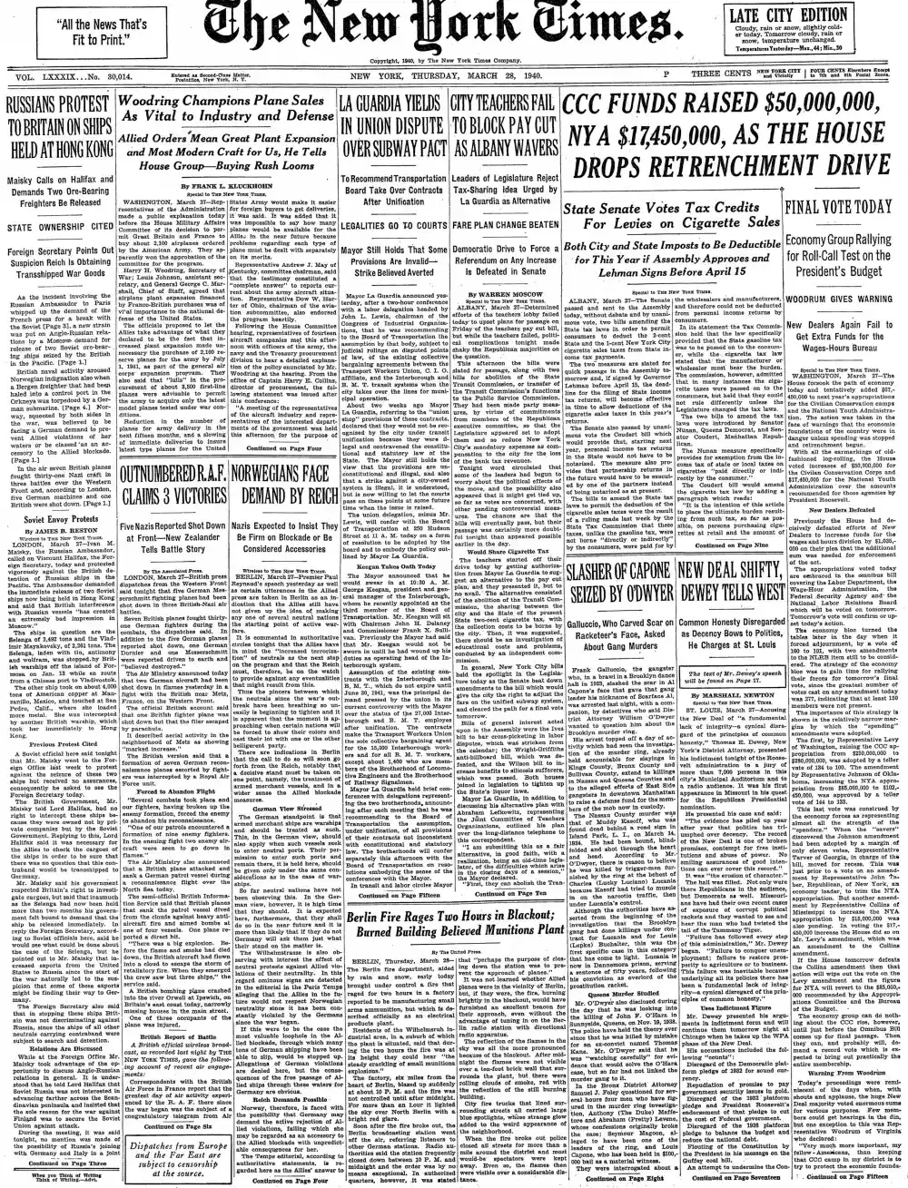 Thursday, March 28, 1940 – The New York Times Front Page