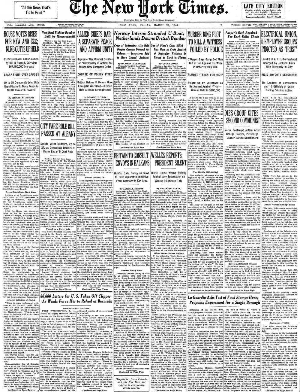 Friday, March 29, 1940 – The New York Times Front Page