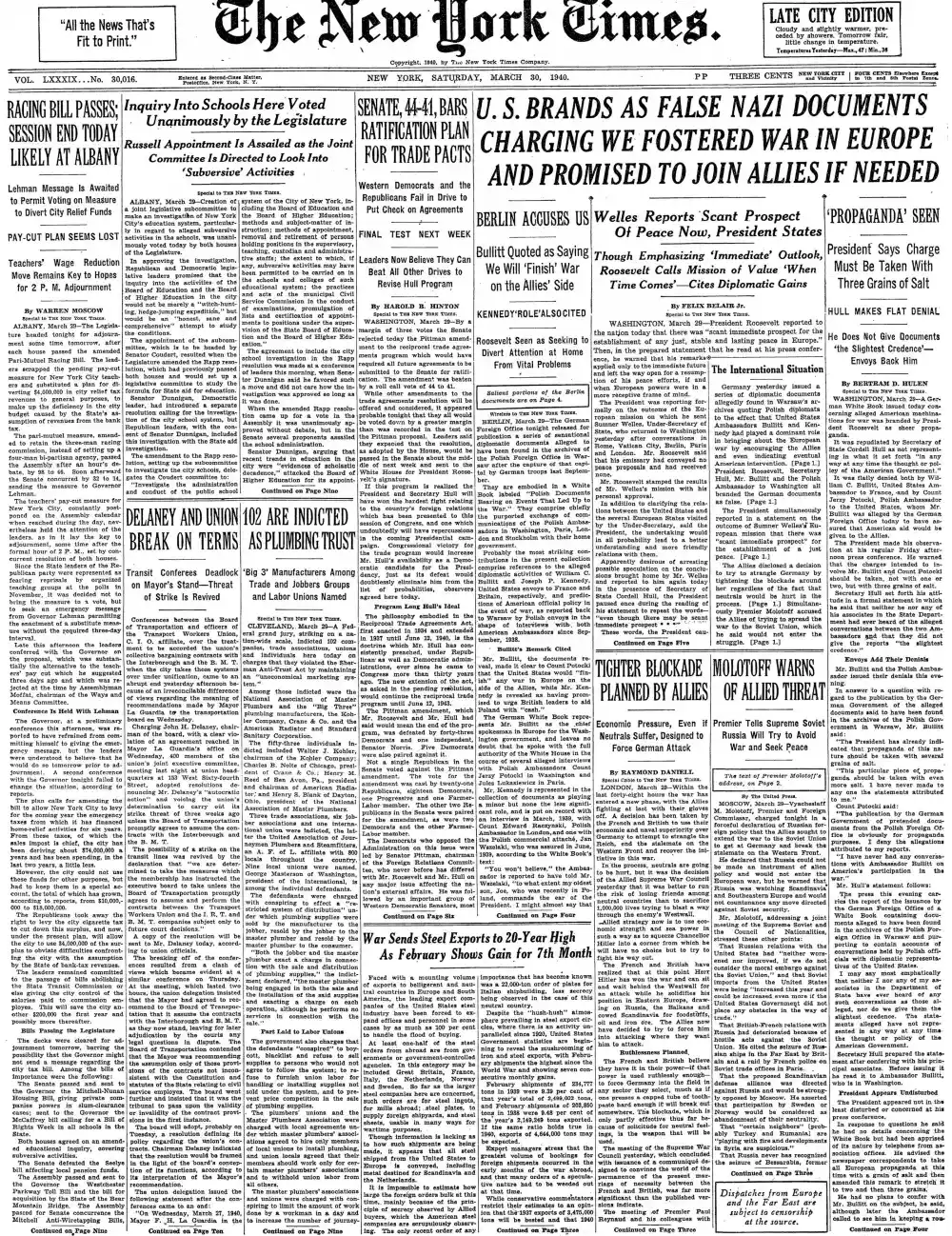 Saturday, March 30, 1940 – The New York Times Front Page