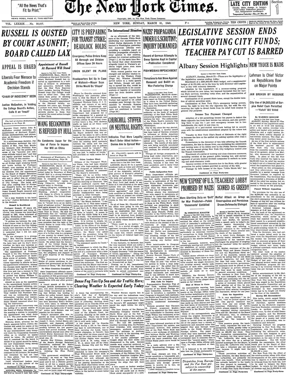 Sunday, March 31, 1940 – The New York Times Front Page