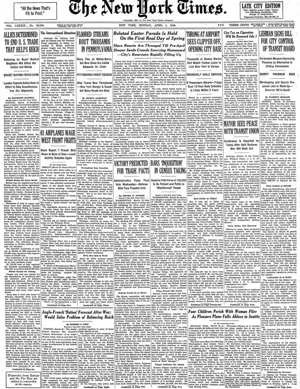 Monday, April 1, 1940 – The New York Times Front Page