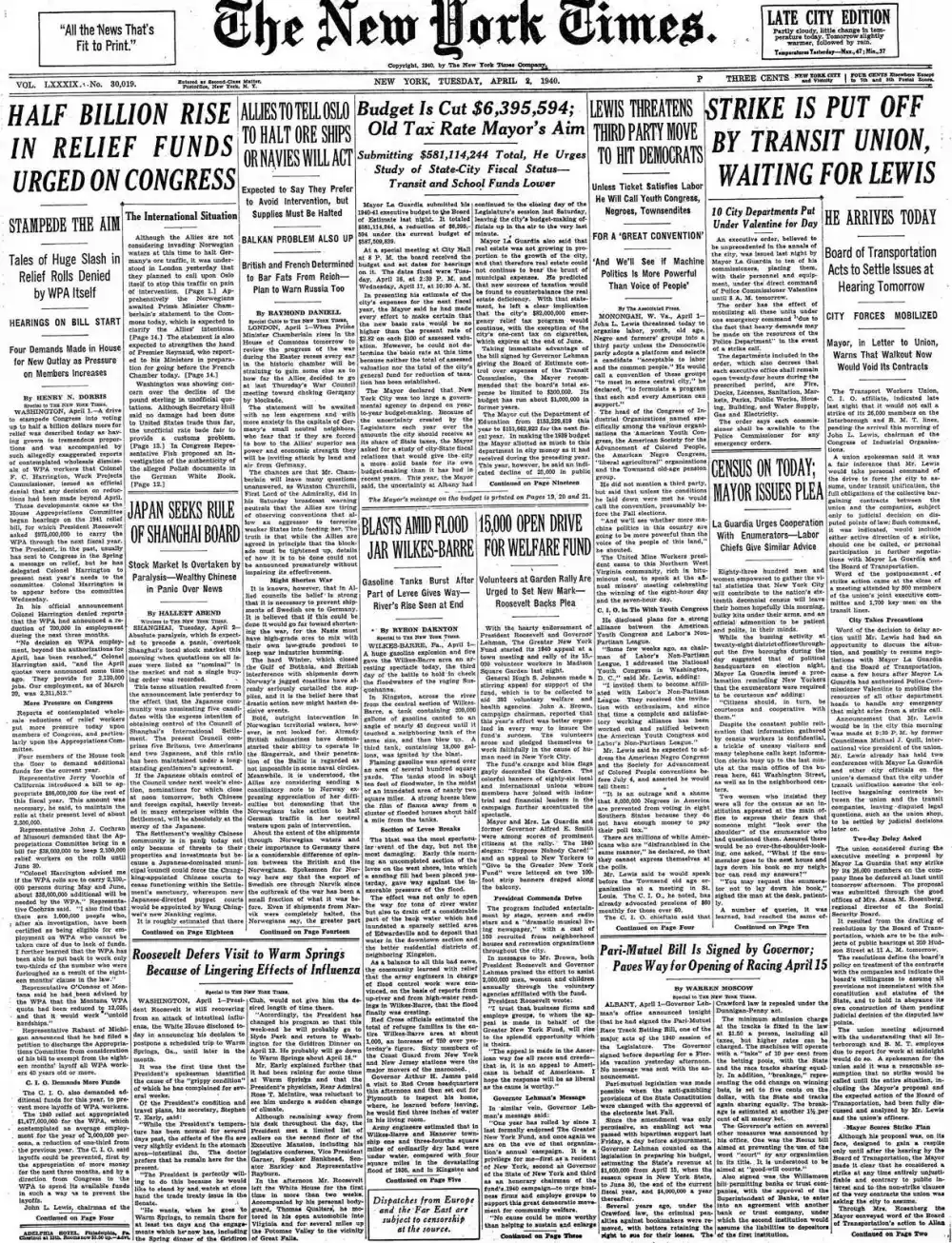 Tuesday, April 2, 1940 – The New York Times Front Page