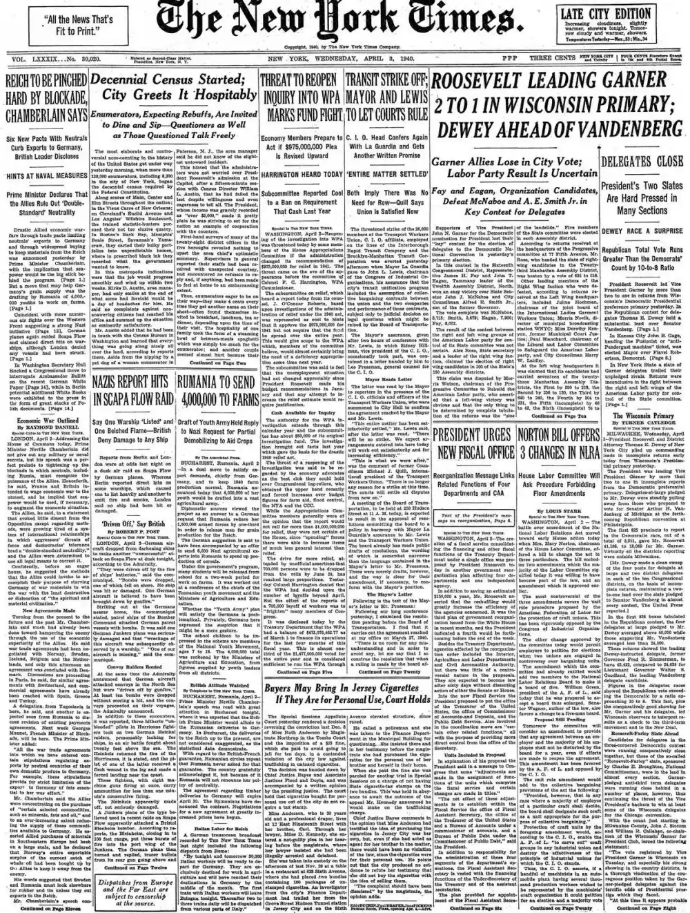 Wednesday, April 3, 1940 – The New York Times Front Page