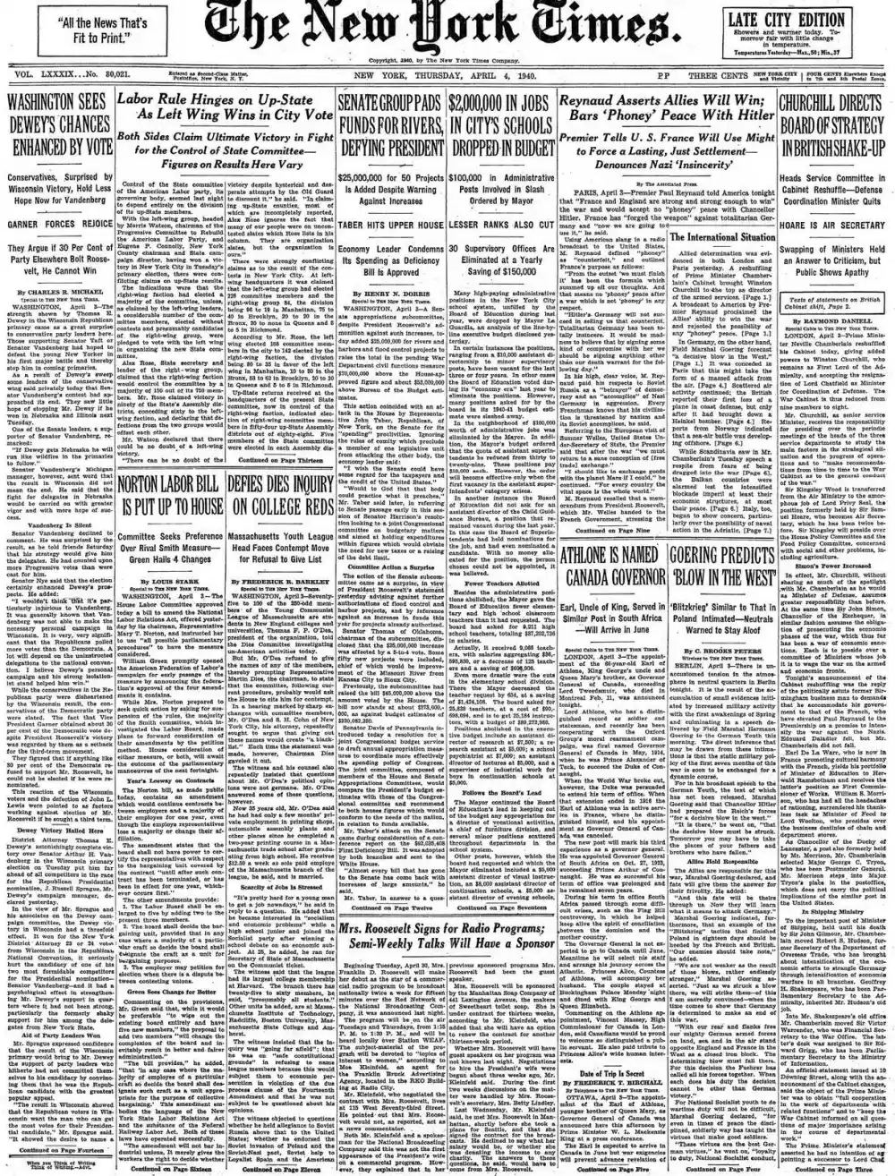 Thursday, April 4, 1940 – The New York Times Front Page