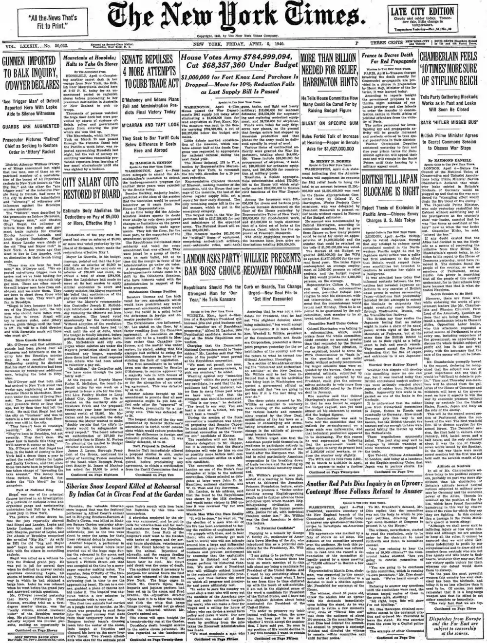 Friday, April 5, 1940 – The New York Times Front Page