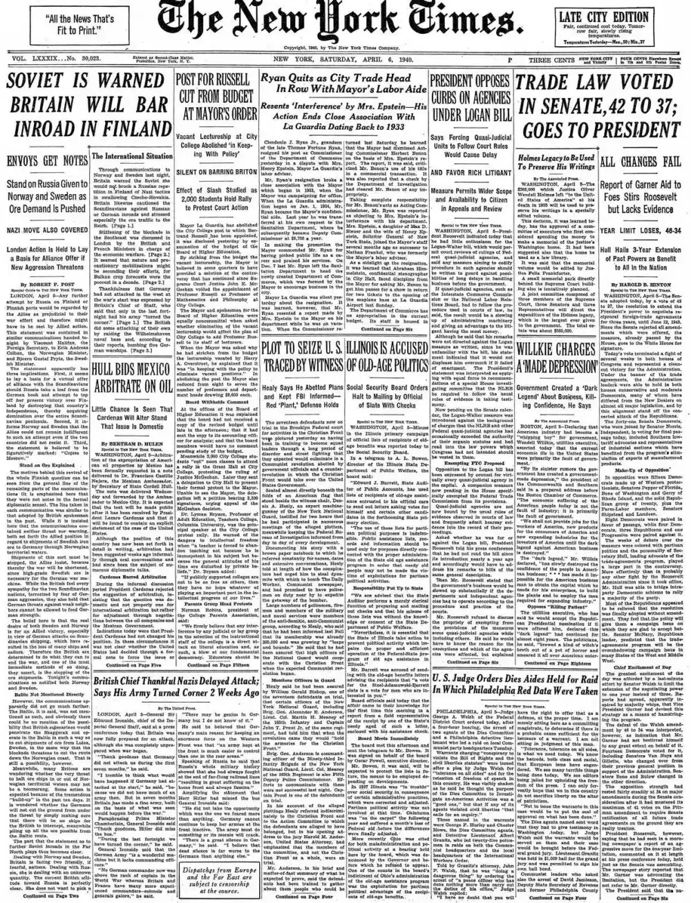 Saturday, April 6, 1940 – The New York Times Front Page