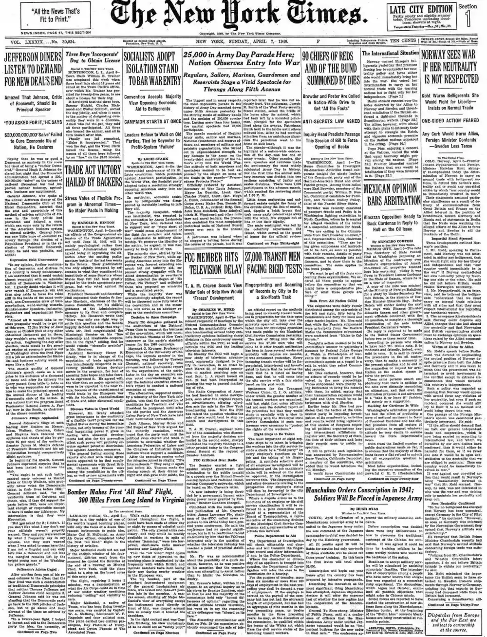 Sunday, April 7, 1940 – The New York Times Front Page