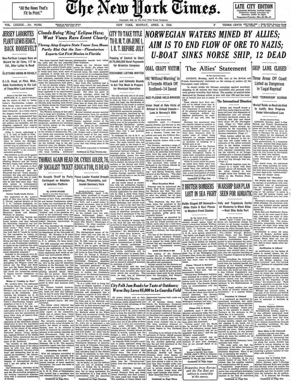 Monday, April 8, 1940 – The New York Times Front Page