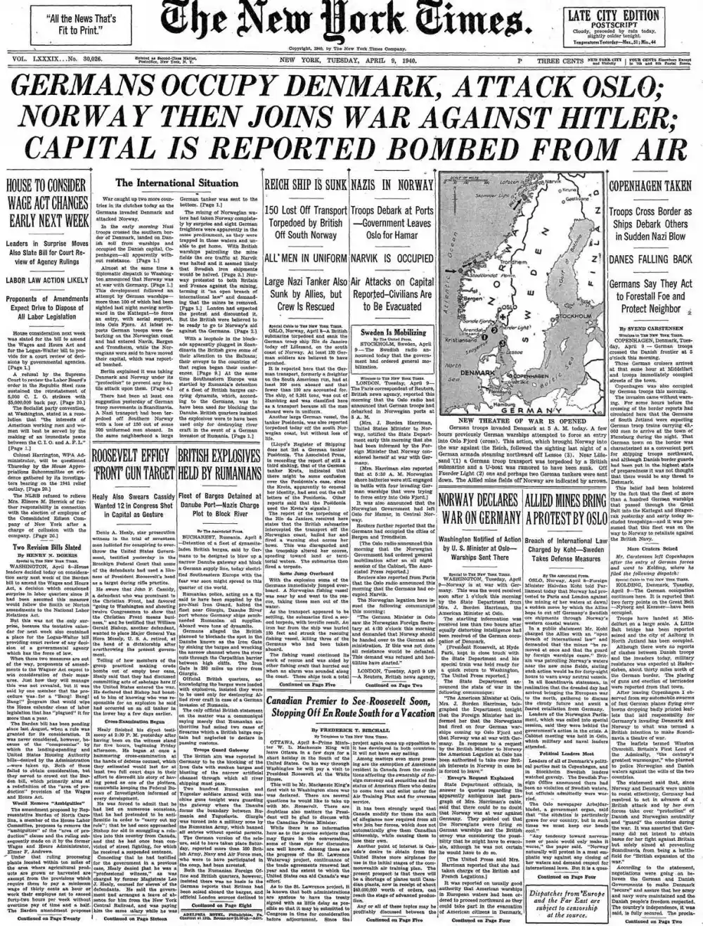 Tuesday, April 9, 1940 – The New York Times Front Page