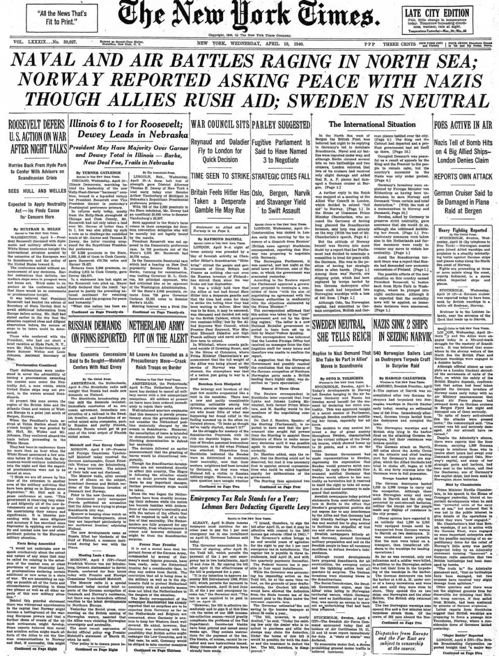 Wednesday, April 10, 1940 – The New York Times Front Page