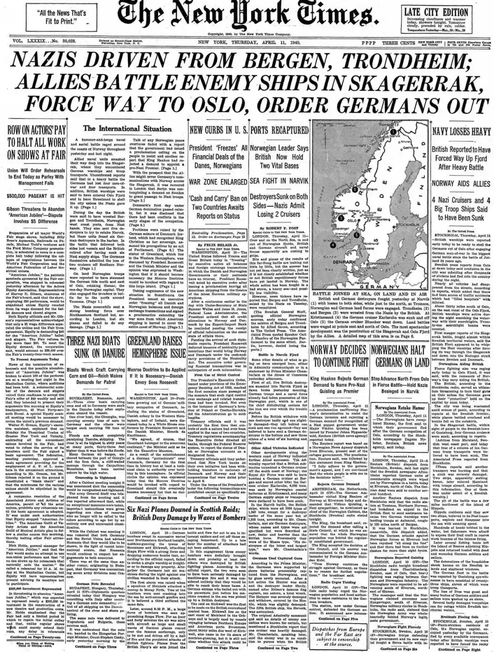 Thursday, April 11, 1940 – The New York Times Front Page