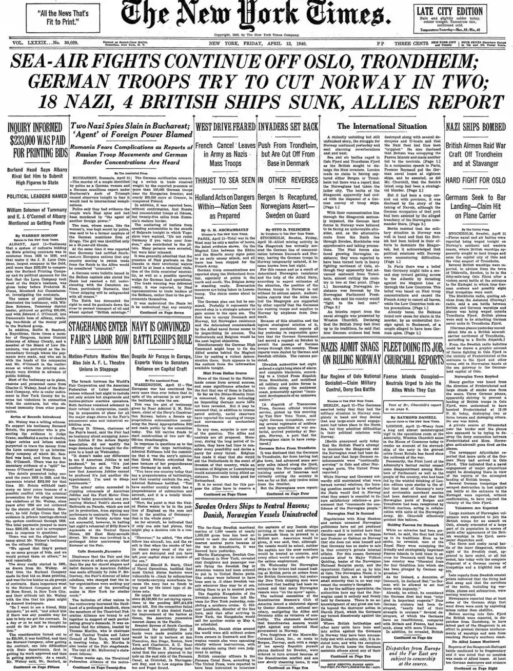 Friday, April 12, 1940 – The New York Times Front Page