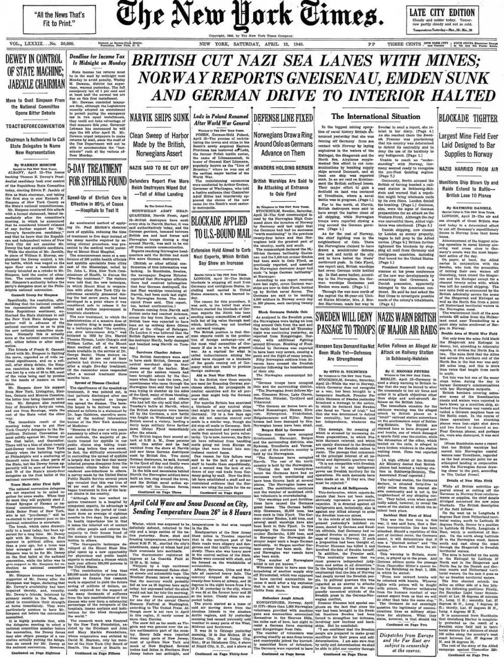 Saturday, April 13, 1940 – The New York Times Front Page