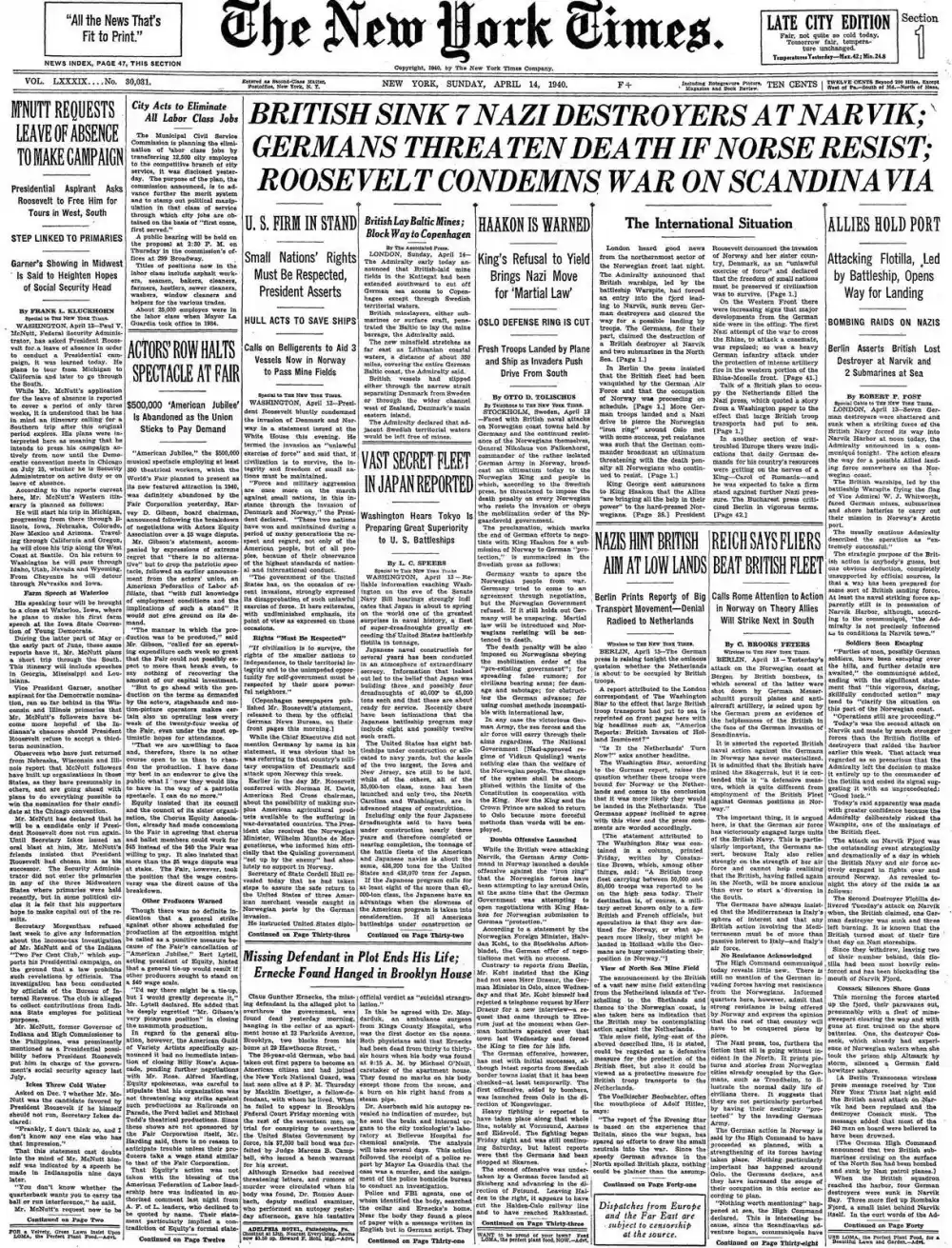 Sunday, April 14, 1940 – The New York Times Front Page