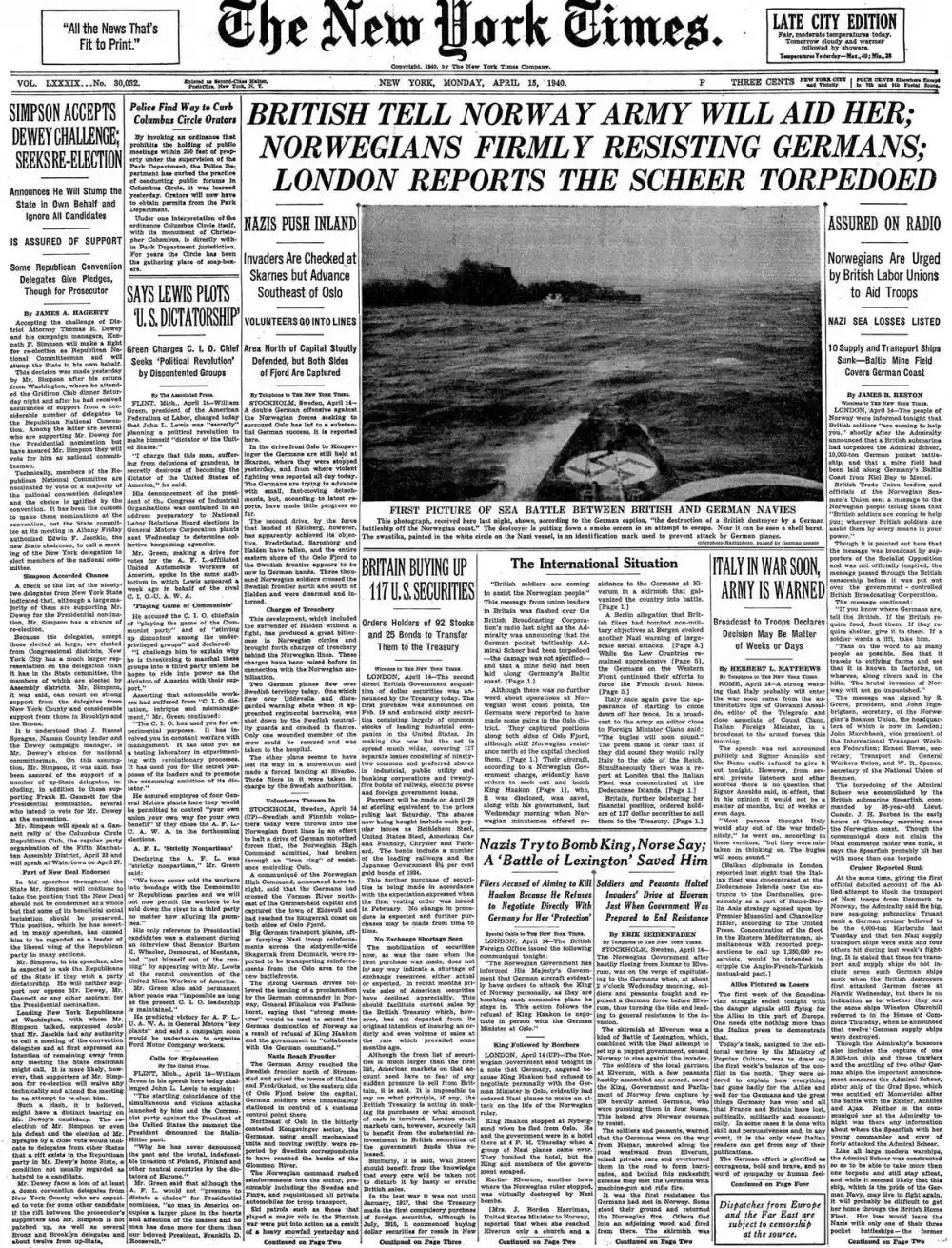Monday, April 15, 1940 – The New York Times Front Page
