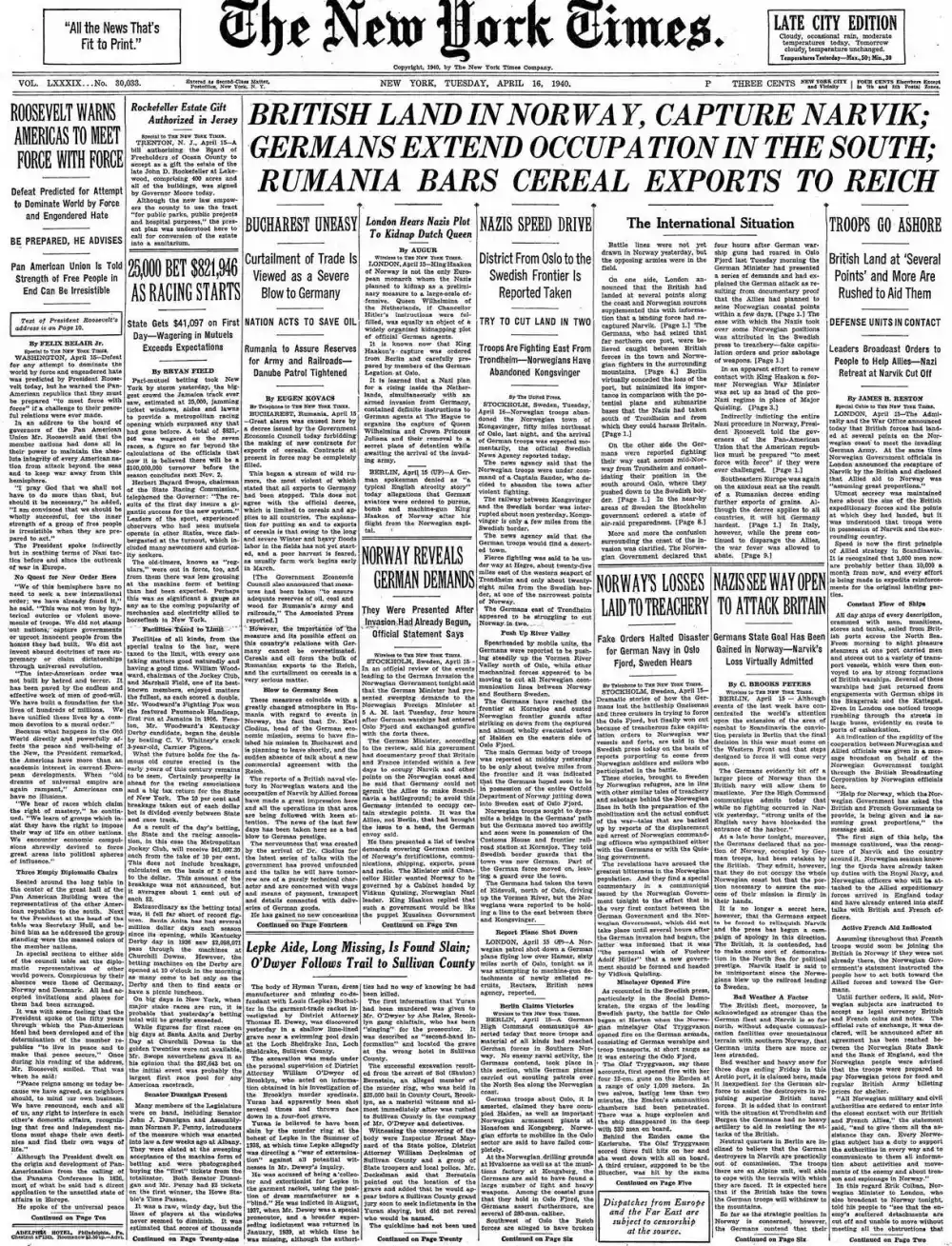 Tuesday, April 16, 1940 – The New York Times Front Page