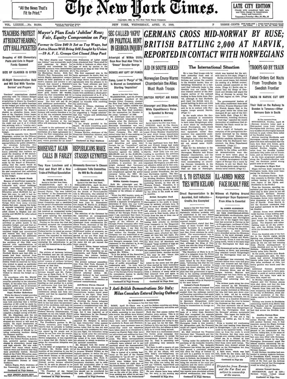 Wednesday, April 17, 1940 – The New York Times Front Page