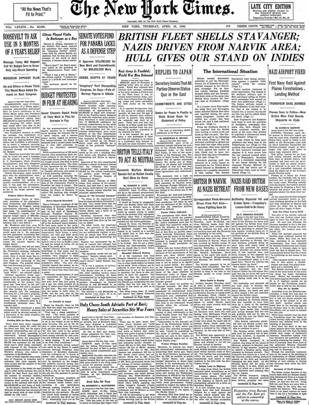 Thursday, April 18, 1940 – The New York Times Front Page
