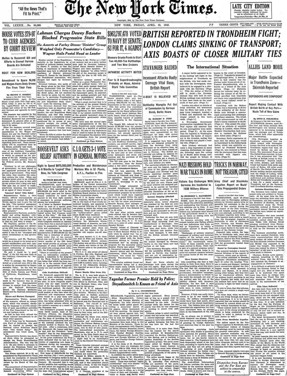 Friday, April 19, 1940 – The New York Times Front Page