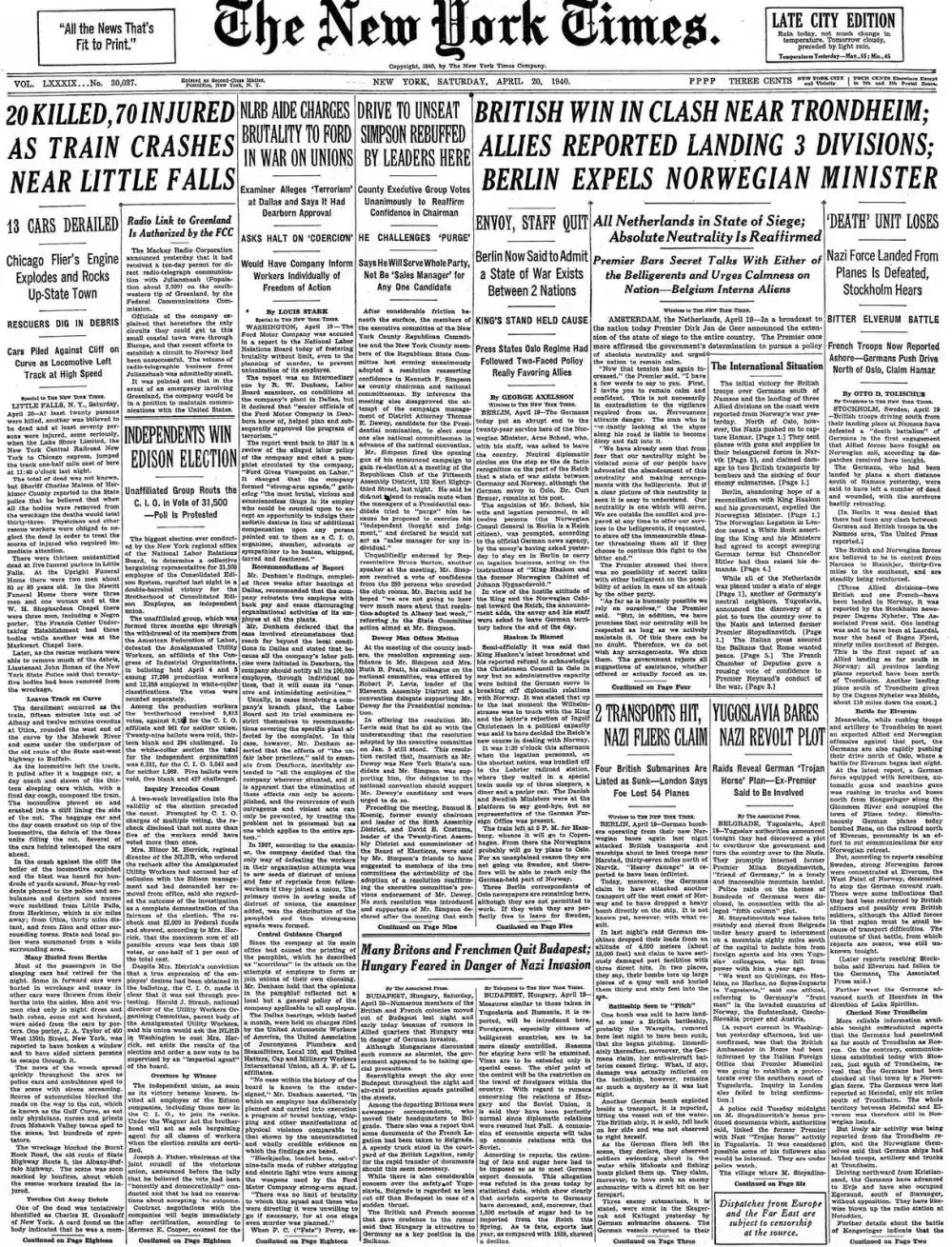 Saturday, April 20, 1940 – The New York Times Front Page
