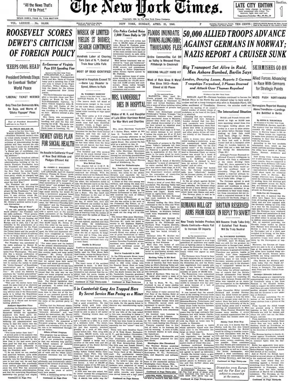 Sunday, April 21, 1940 – The New York Times Front Page