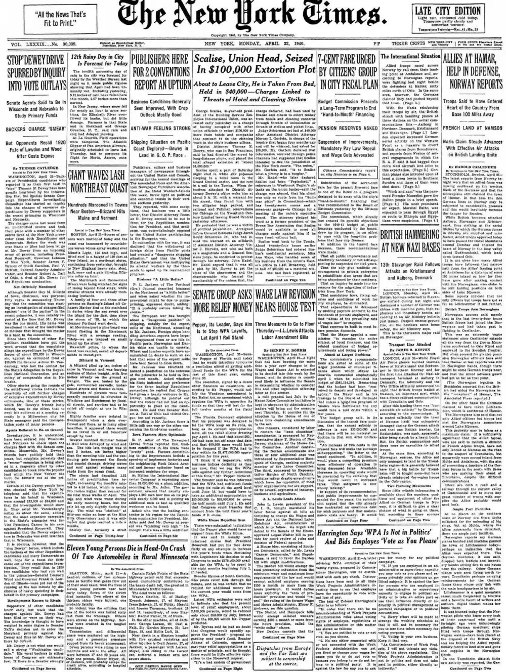 Monday, April 22, 1940 – The New York Times Front Page