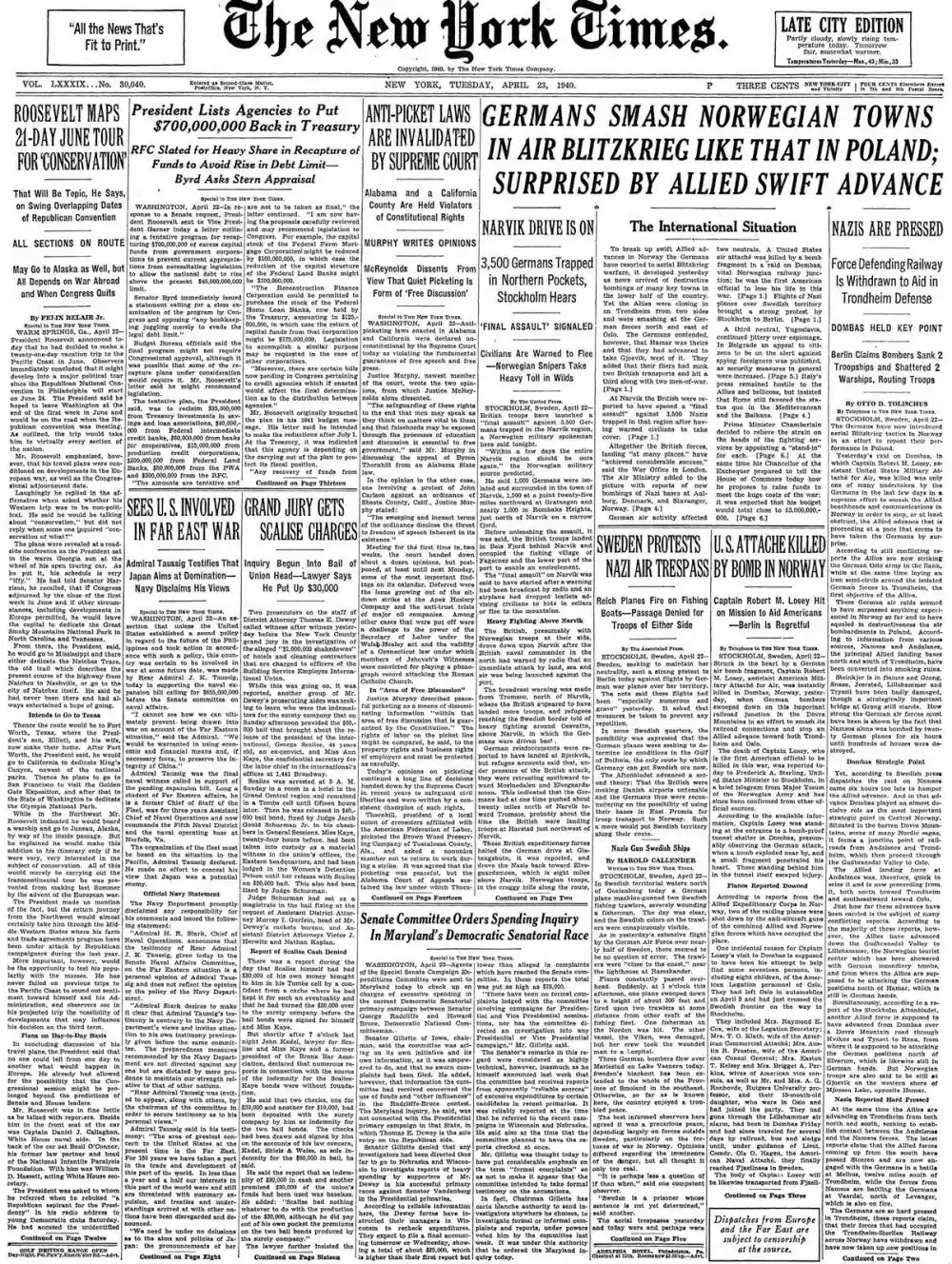 Tuesday, April 23, 1940 – The New York Times Front Page