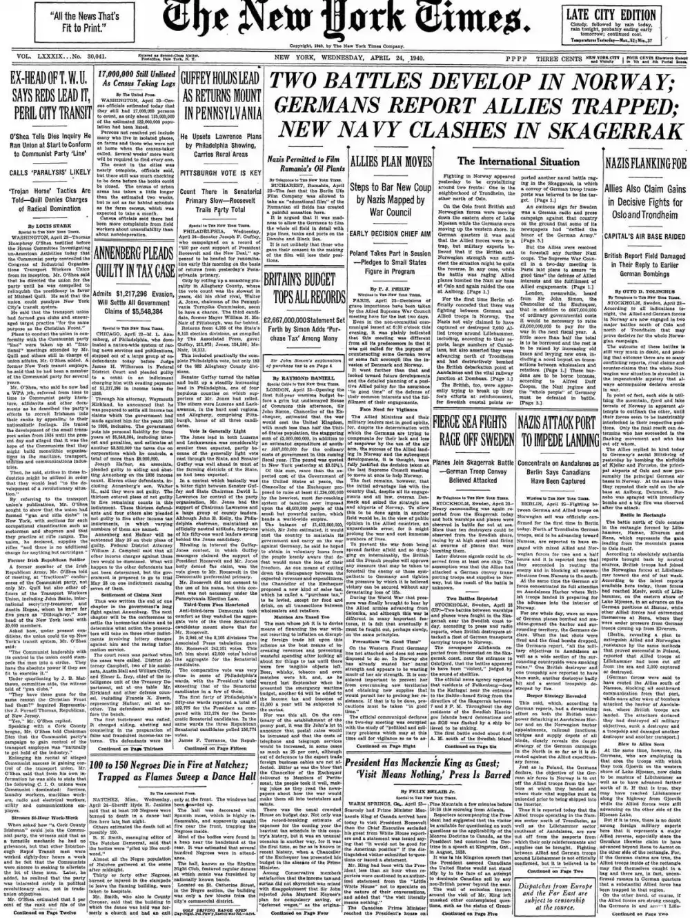 Wednesday, April 24, 1940 – The New York Times Front Page