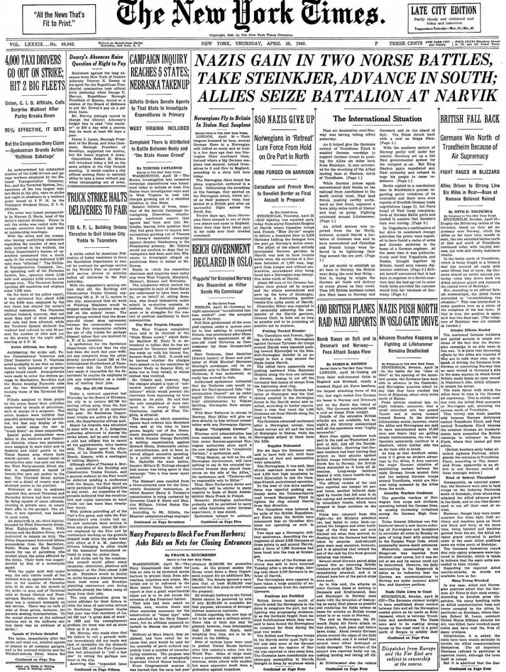 Thursday, April 25, 1940 – The New York Times Front Page