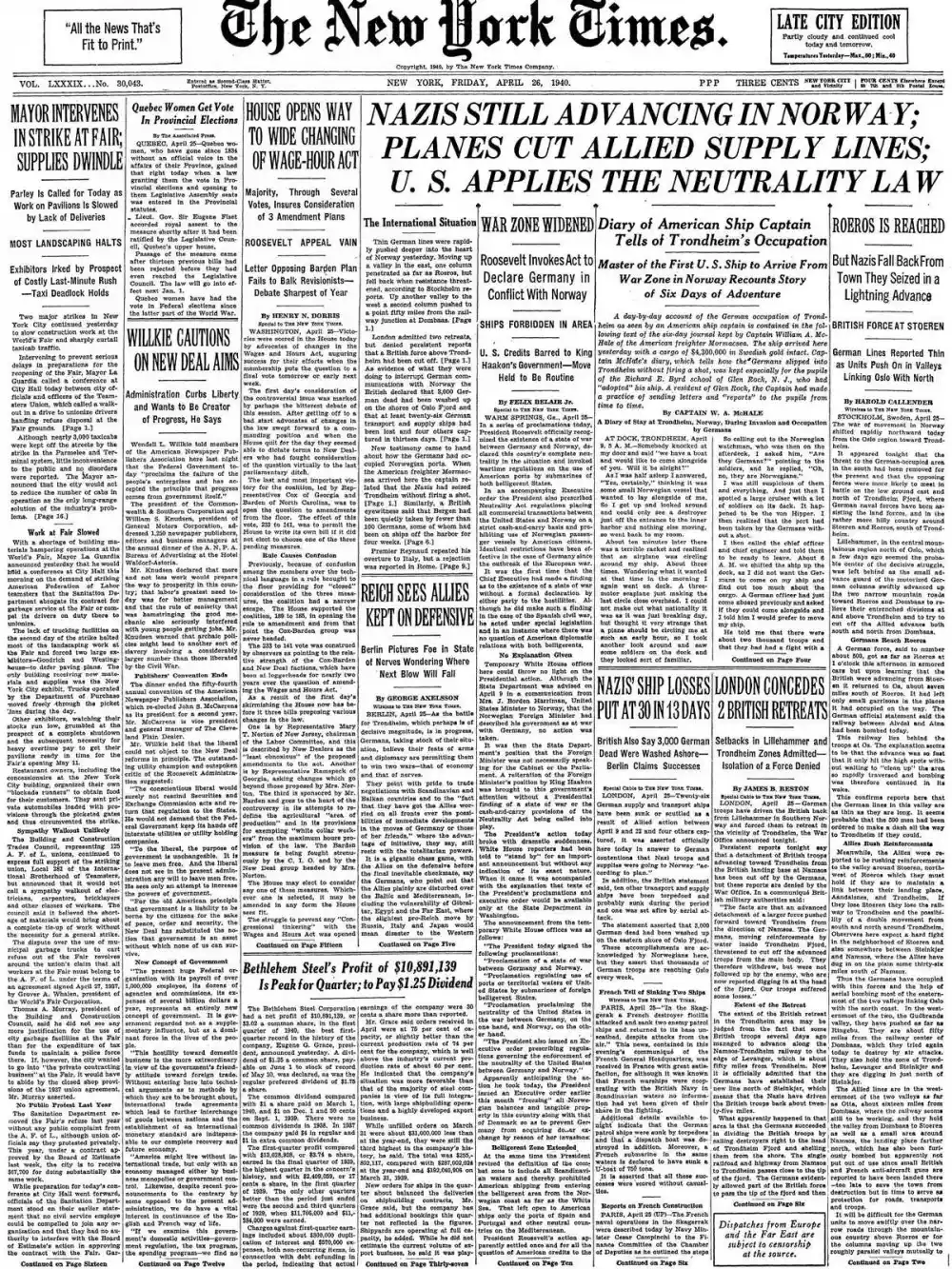 Friday, April 26, 1940 – The New York Times Front Page