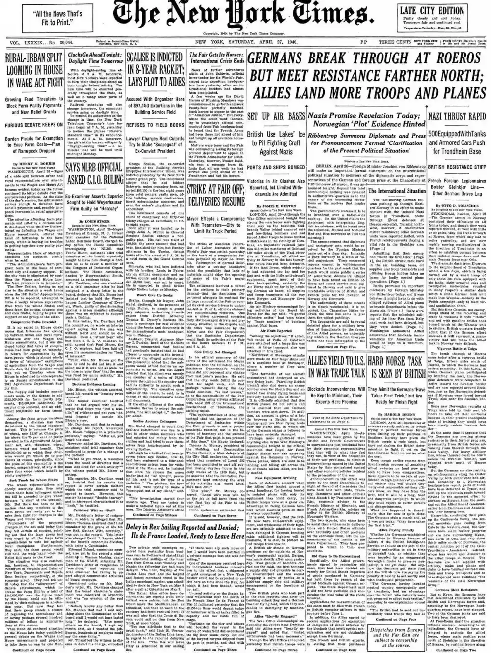 Saturday, April 27, 1940 – The New York Times Front Page
