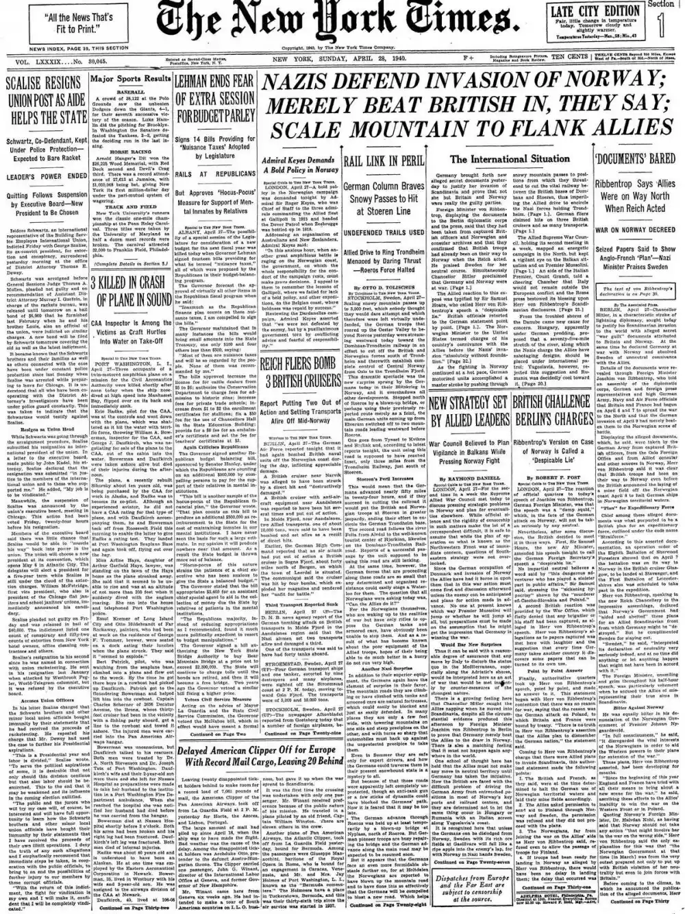 Sunday, April 28, 1940 – The New York Times Front Page