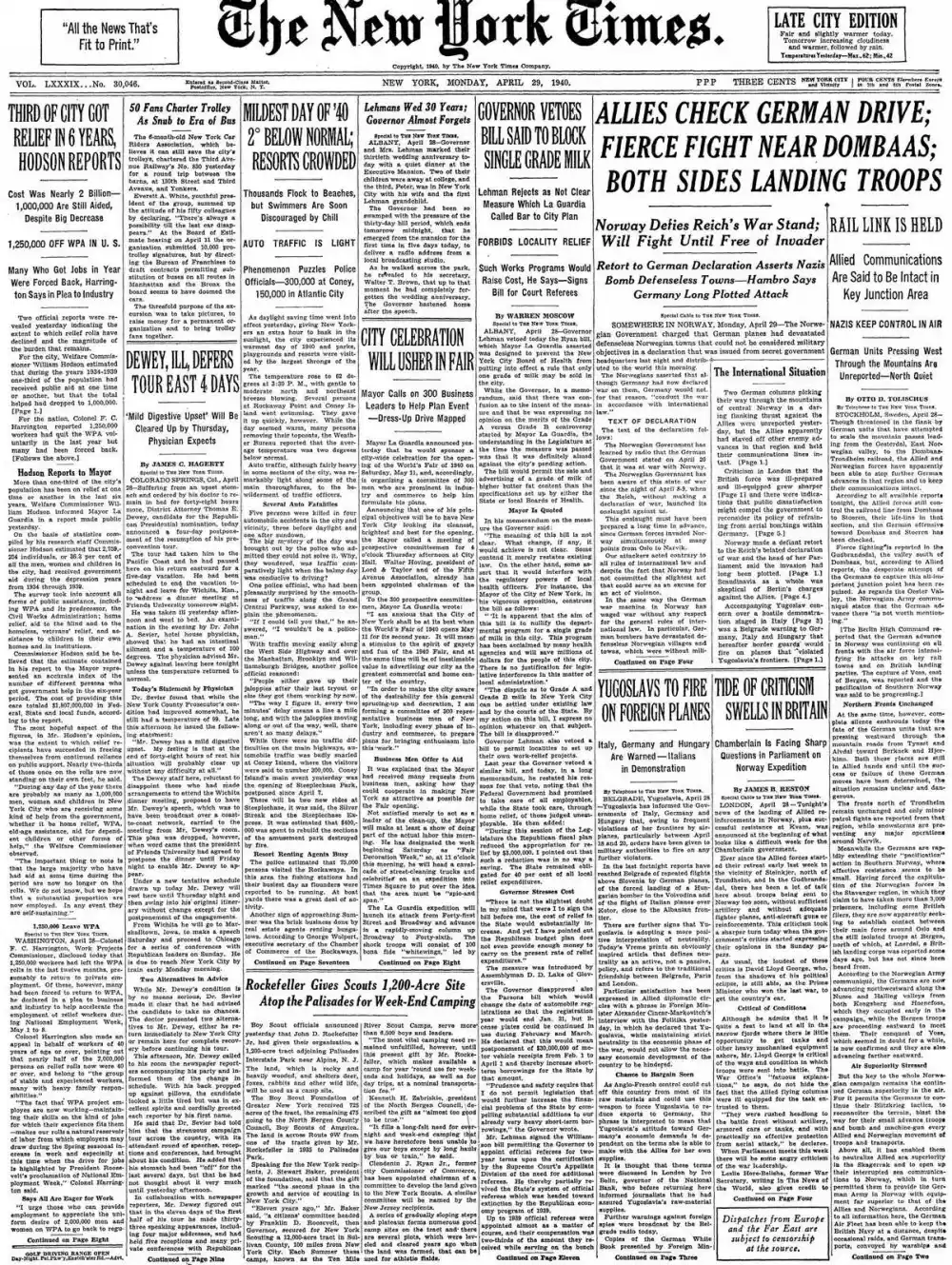 Monday, April 29, 1940 – The New York Times Front Page