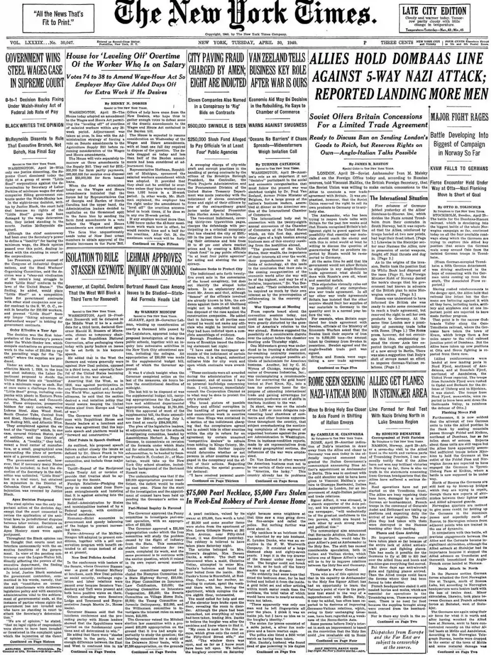 Tuesday, April 30, 1940 – The New York Times Front Page