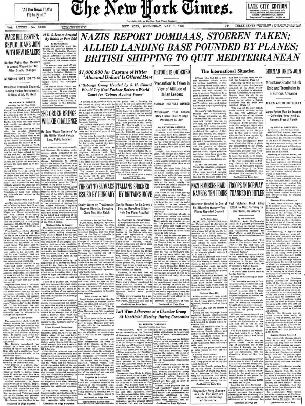 Wednesday, May 1, 1940 – The New York Times Front Page