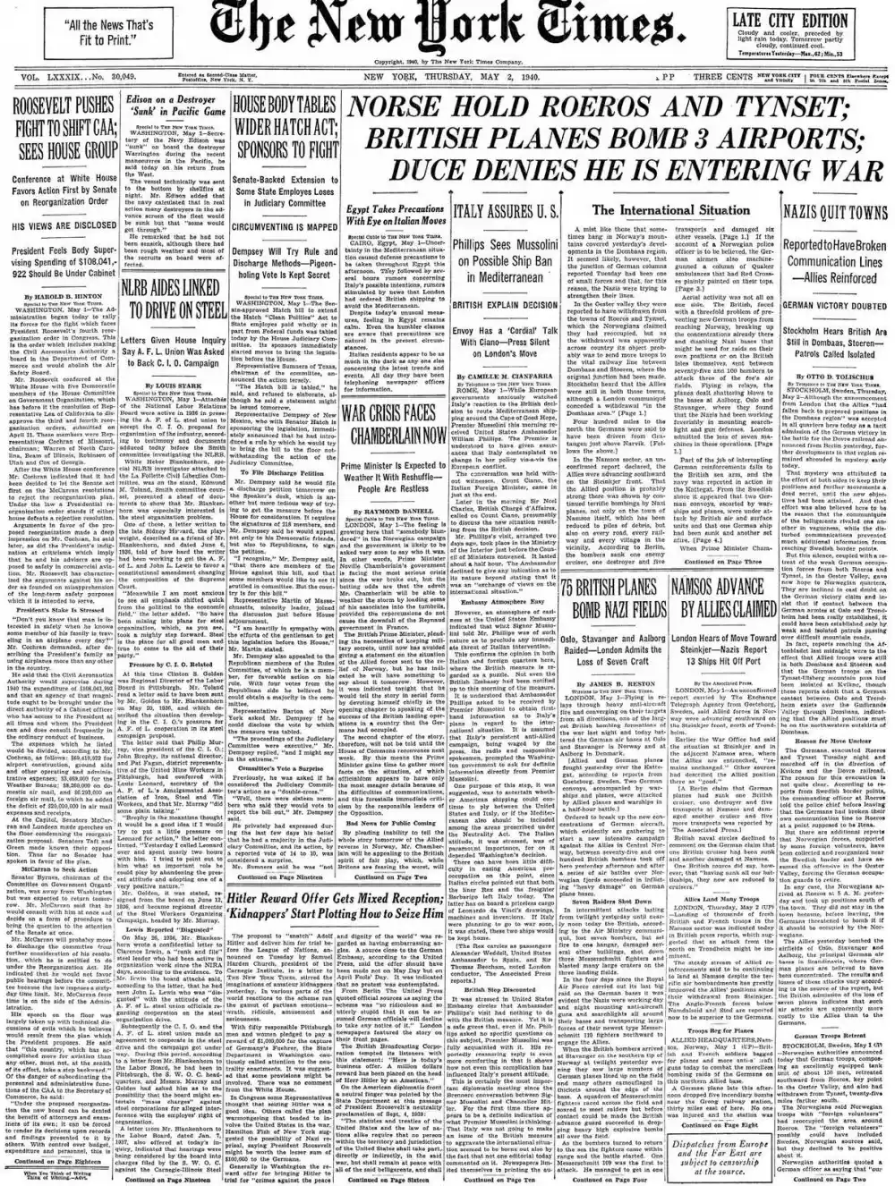Thursday, May 2, 1940 – The New York Times Front Page