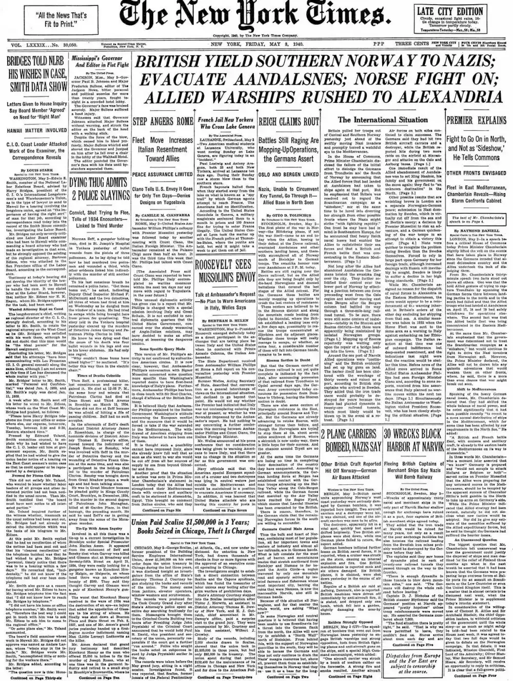 Friday, May 3, 1940 – The New York Times Front Page