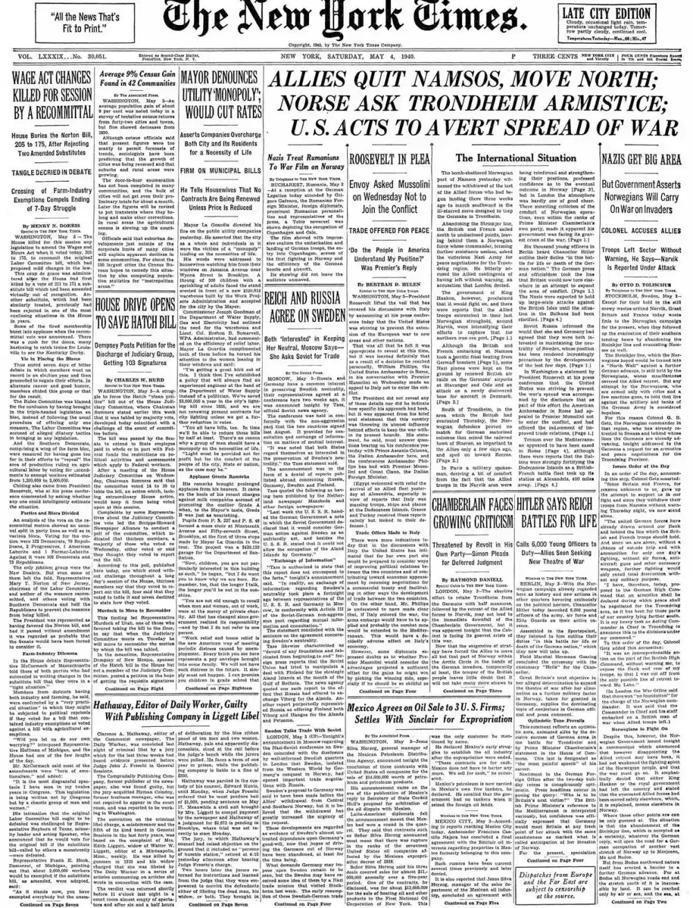 Saturday, May 4, 1940 – The New York Times Front Page