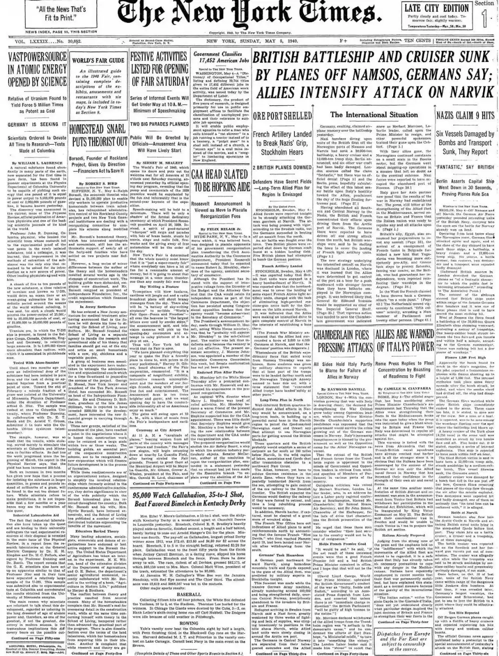 Sunday, May 5, 1940 – The New York Times Front Page