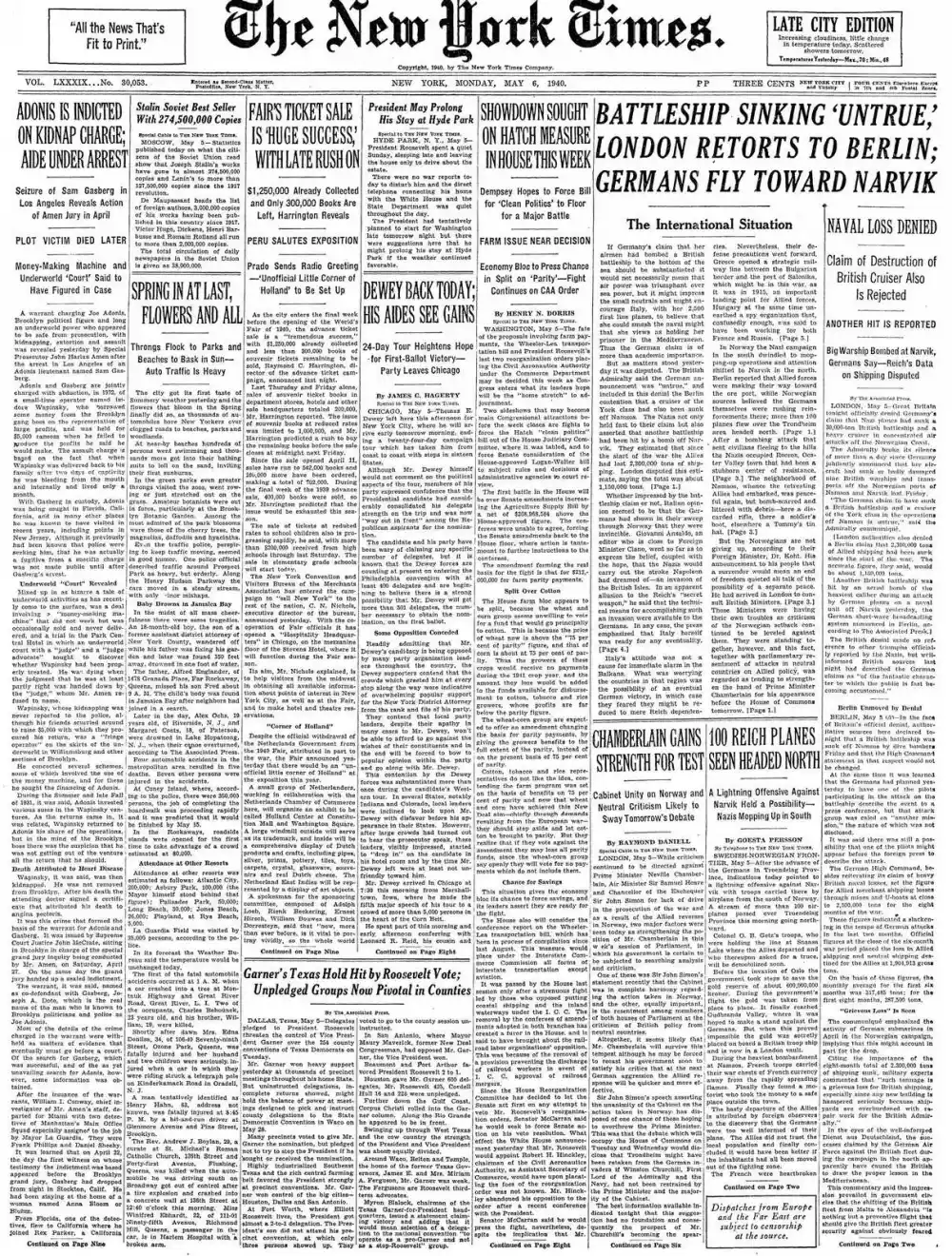 Monday, May 6, 1940 – The New York Times Front Page