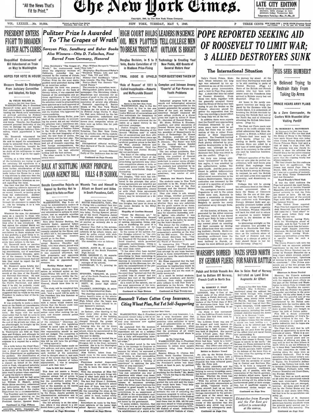 Tuesday, May 7, 1940 – The New York Times Front Page