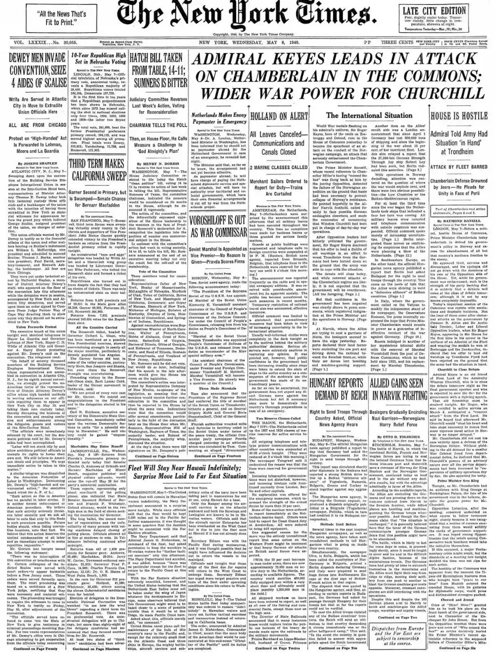 Wednesday, May 8, 1940 – The New York Times Front Page