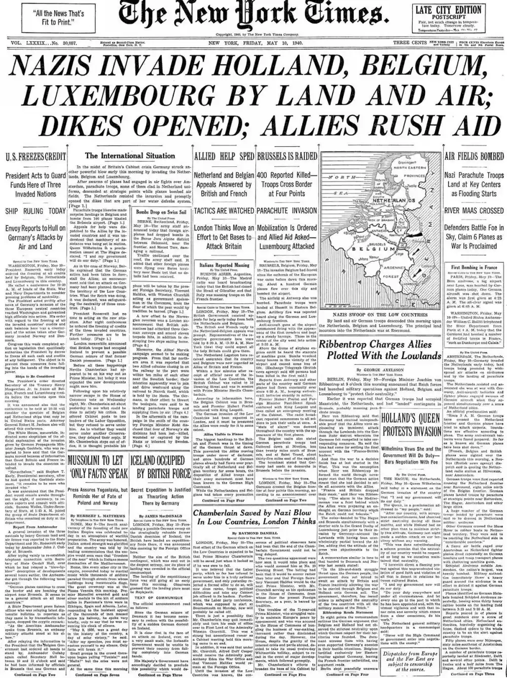 Friday, May 10, 1940 – The New York Times Front Page