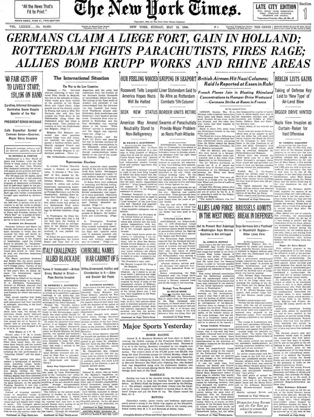 Sunday, May 12, 1940 – The New York Times Front Page