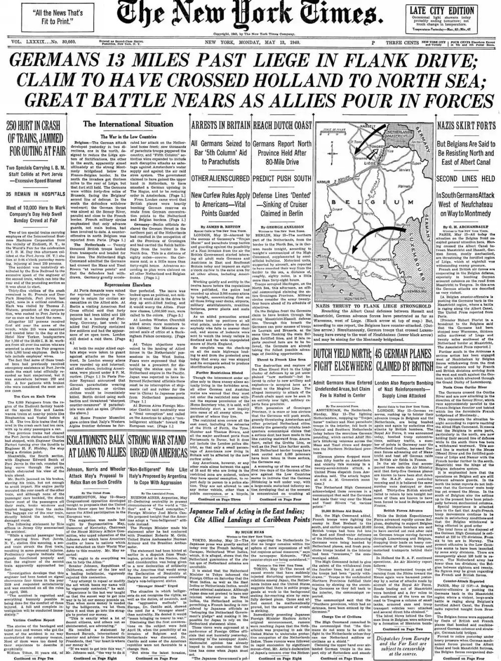 Monday, May 13, 1940 – The New York Times Front Page