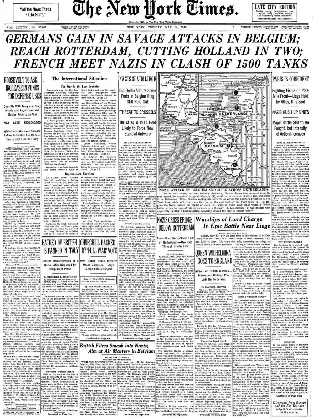 Tuesday, May 14, 1940 – The New York Times Front Page