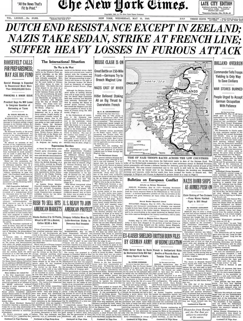 Wednesday, May 15, 1940 – The New York Times Front Page