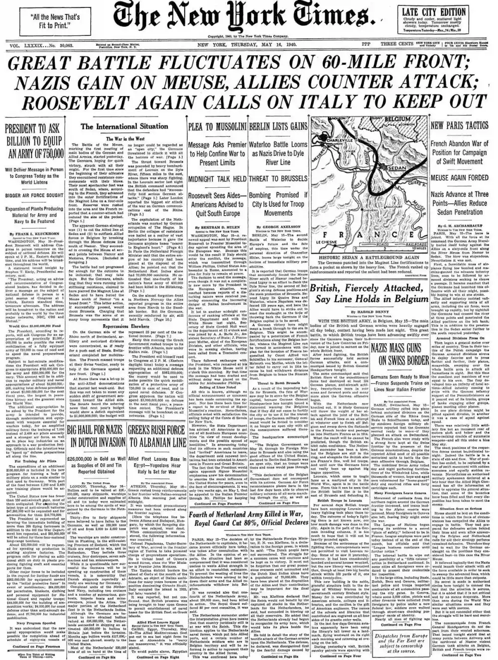 Thursday, May 16, 1940 – The New York Times Front Page