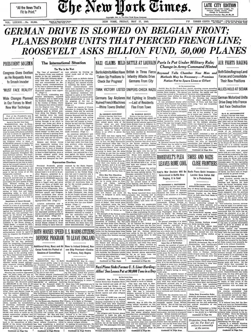 Friday, May 17, 1940 – The New York Times Front Page