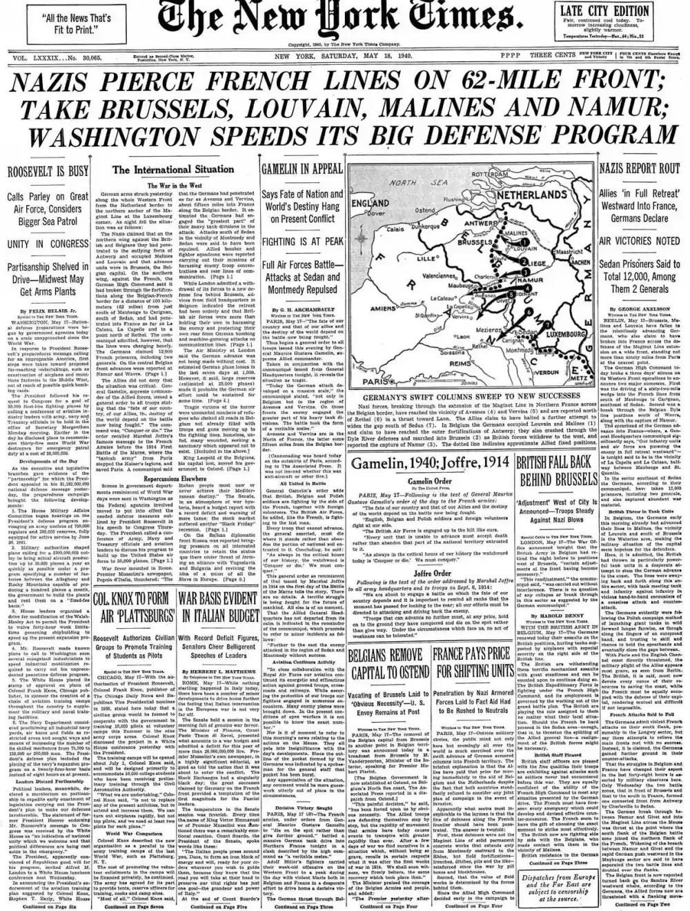 Saturday, May 18, 1940 – The New York Times Front Page